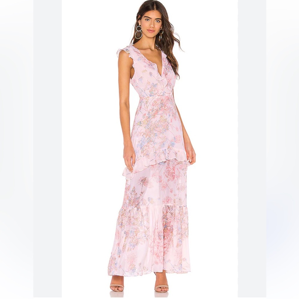 NWOT BCBG Floral Pink Sleeveless ruffled tiered pink Maxi Dress size 8